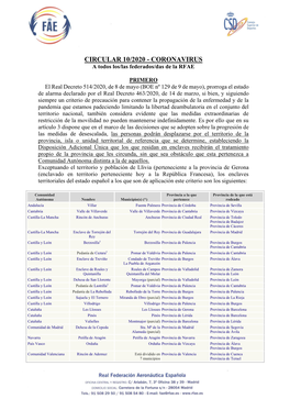 CIRCULAR 10/2020 - CORONAVIRUS a Todos Los/Las Federados/Das De La RFAE