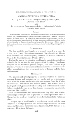 MACKINAWITE from SOUTH AFRICA W. C J. Van RDNSBU*.O, Geological Surtey Oj Soulh Africa, Preloria, Soulh A.[Ri Co, L. Lrbnunsbyc