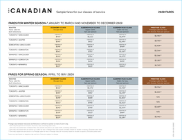 Sample Fares for Our Classes of Service 2020 FARES