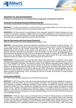 ABSTRACTS and BIOGRAPHIES the Role for Climate Services in Handling Climate Change Risk: Contributions of UKCP18