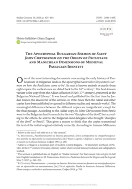 The Apocryphal Bulgarian Sermon of Saint John Chrysostom on the Оrigin of Paulicians and Manichean Dimensions of Medieval Paulician Identity