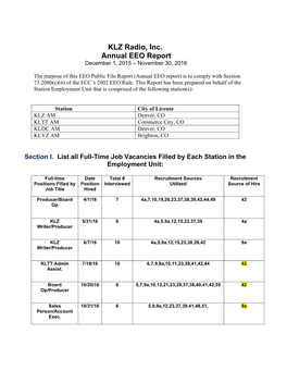 KLZ Radio, Inc. Annual EEO Report December 1, 2015 – November 30, 2016
