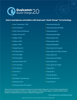 Select Smartphones and Tablets with Qualcomm® Quick Charge™ 2.0 Technology