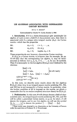 Lie Algebras Associated with Generalized Cartan Matrices