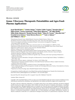 Genus Viburnum: Therapeutic Potentialities and Agro-Food- Pharma Applications