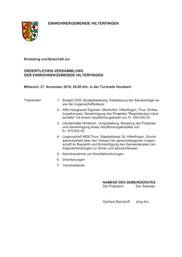 Botschaft Für Die Ordentliche Gemeindeversammlung Vom 27.11.2019