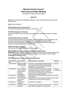 Menston Parish Council Planning Committee Meeting Thursday 29Th August 2019 at 8.30Pm