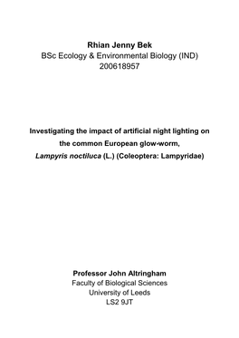 Investigating the Impact of Artificial Night Lighting on the Common European Glow-Worm, Lampyris Noctiluca (L.) (Coleoptera: Lampyridae)