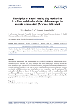 Description of a Novel Mating Plug Mechanism in Spiders and the Description of the New Species Maeota Setastrobilaris (Araneae, Salticidae)