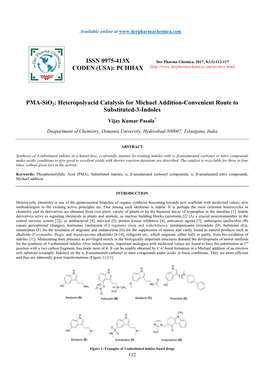 PMA-Sio2: Heteropolyacid Catalysis for Michael Addition-Convenient Route to Substituted-3-Indoles