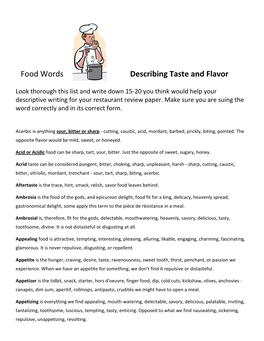 Food Words Describing Taste and Flavor