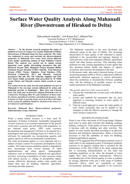 Surface Water Quality Analysis Along Mahanadi River (Downstream of Hirakud to Delta)