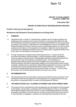 Windlestone Hall Rushyford, Planning Statement and Design Brief