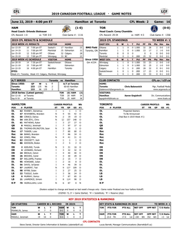 2019 Canadian Football League · Game Notes