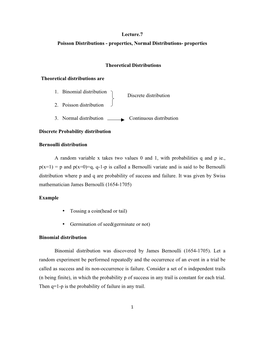 Lecture.7 Poisson Distributions - Properties, Normal Distributions- Properties