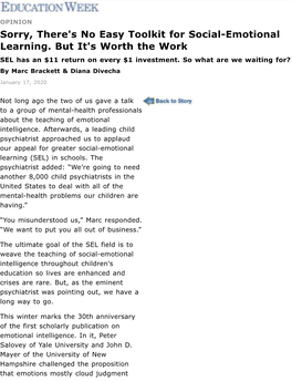 Sorry, There's No Easy Toolkit for Social-Emotional Learning. but It's Worth the Work SEL Has an $11 Return on Every $1 Investment