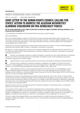 Joint Letter to the Human Rights Council Calling for States' Action To
