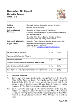 Birmingham City Council Report to Cabinet 14Th May 2019