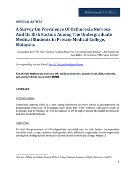 A Survey on Prevalence of Orthorexia Nervosa and Its Risk Factors Among the Undergraduate Medical Students in Private Medical College, Malaysia