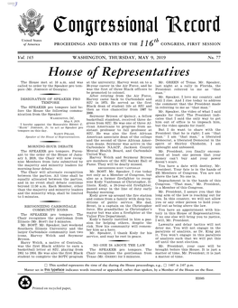 Congressional Record United States Th of America PROCEEDINGS and DEBATES of the 116 CONGRESS, FIRST SESSION