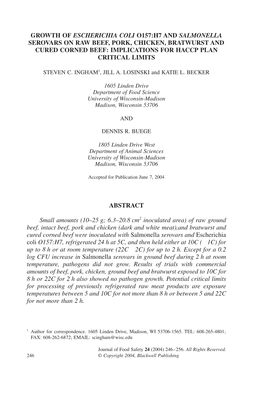 Growth of Escherichia Coli O157:H7 and Salmonella Serovars on Raw Beef, Pork, Chicken, Bratwurst and Cured Corned Beef: Implications for Haccp Plan Critical Limits