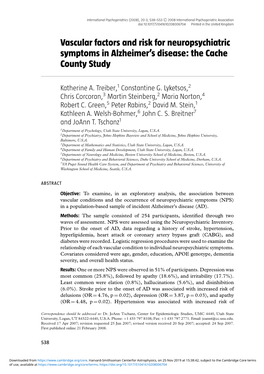 Vascular Factors and Risk for Neuropsychiatric Symptoms in Alzheimer’S Disease: the Cache County Study