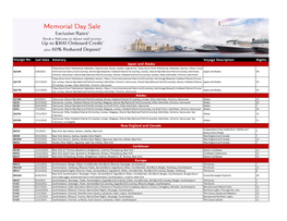 Memorial Day Sale Exclusive Rates· Book a Balcony Or Above and Receive up to $300 Onboard Credit ^ Plus 50% Reduced Deposit'