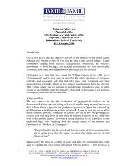 Paper on Cyber Law Presented at the 50Th Anniversary Celebrations of the Supreme Court of Pakistan International Judicial Conference 11-14 August, 2006