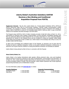 Liberty Global's Australian Subsidiary AUSTAR Receives a Non-Binding