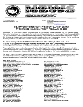 U.S. Mayors to Meet with President Barack Obama at the White House on Friday, February 20, 2009