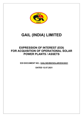 Expression of Interest (Eoi) for Acquisition of Operational Solar Power Plants / Assets