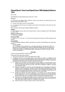 General Synod - Canon Law Repeal Canon 1989 Adopting Ordinance 1993