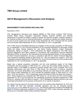 TMX Group Limited Q3/2012 Management's Discussion And