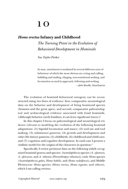 Homo Erectus Infancy and Childhood the Turning Point in the Evolution of Behavioral Development in Hominids