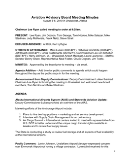 Aviation Advisory Board Meeting Minutes August 5-6, 2010 in Unalakleet, Alaska