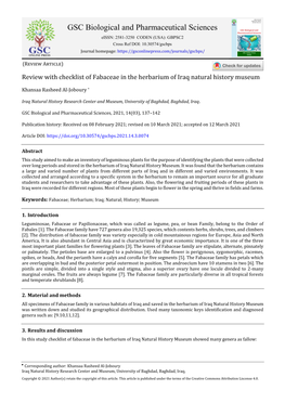 Review with Checklist of Fabaceae in the Herbarium of Iraq Natural History Museum