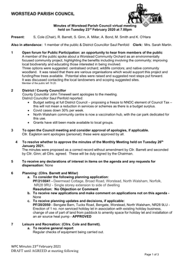 Minutes of Worstead Parish Council Virtual Meeting Held on Tuesday 23Rd February 2020 at 7.00Pm