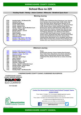 School Bus No 229 Hockley Heath - Henley - Aston Cantlow - Wilmcote - Stratford Upon Avon