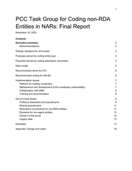 PCC Task Group for Coding Non-RDA Entities in Nars: Final Report November 16, 2020