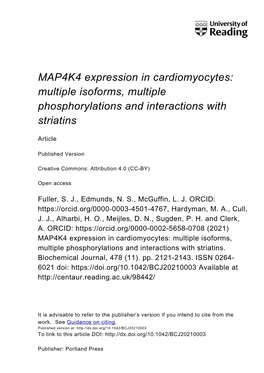 MAP4K4 Expression in Cardiomyocytes: Multiple Isoforms, Multiple Phosphorylations and Interactions with Striatins