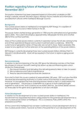 Position Regarding Future of Hartlepool Power Station November 2017