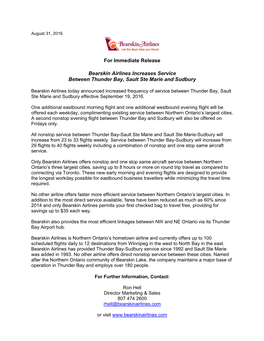 For Immediate Release Bearskin Airlines Increases Service