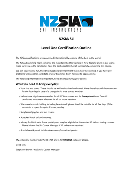 NZSIA Ski Level One Certification Outline
