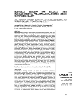 SKOLASTIK Study Was to Determine the Relationship Between Burnout and Complaints of KEPERAWATAN Musculoskeletal Pain in Nurses at the Klabat University