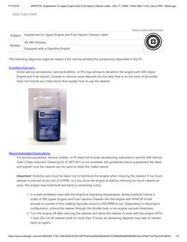 Subject: Supplement to Upper Engine and Fuel Injector Cleaner Label Models: All GM Vehicles Equipped with a Gasoline Engine