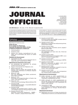 Journal Officiel De La République Et Canton Du Jura » Paraît Chaque Semaine, Tarif Des Insertions : Fr
