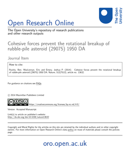 Cohesive Forces Prevent the Rotational Breakup of Rubble-Pile Asteroid (29075) 1950 DA