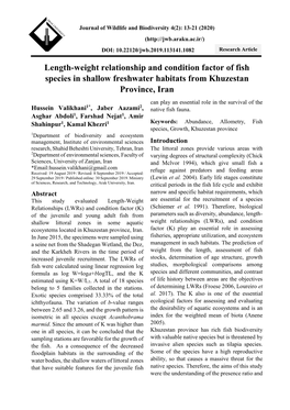 Length-Weight Relationship and Condition Factor of Fish Species in Shallow Freshwater Habitats from Khuzestan Province, Iran