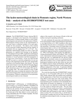 The Hydro-Meteorological Chain in Piemonte Region, North Western Italy – Analysis of the HYDROPTIMET Test Cases