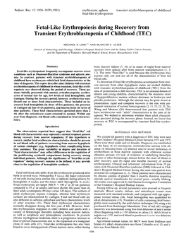 Fetal-Like Erythropoiesis During Recovery from Transient Erythroblastopenia of Childhood (TEC)